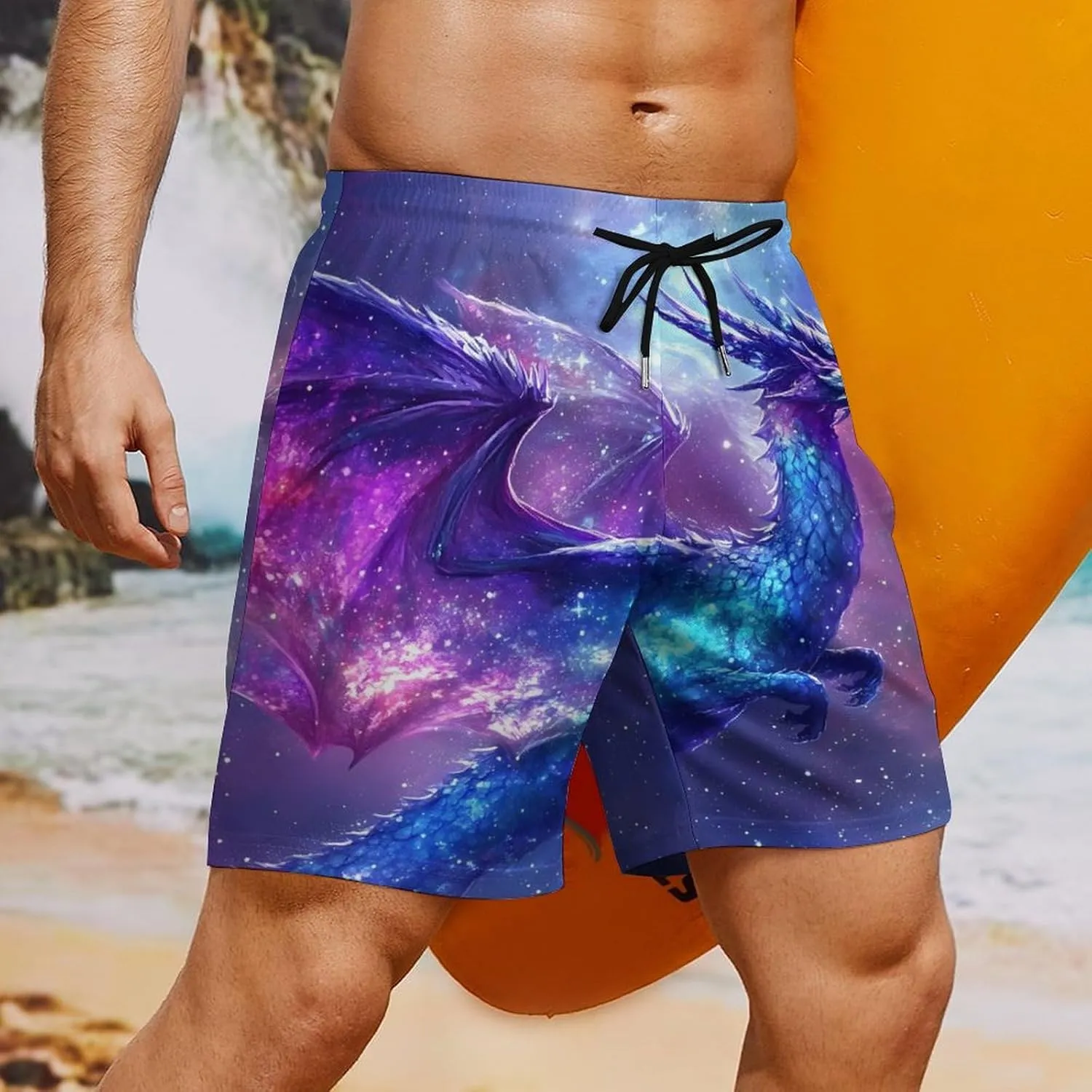 G-alaxy Dragon Casual Beach Shorts for Men Elastic Waist Drawstring Swim Shorts With Compression Liner