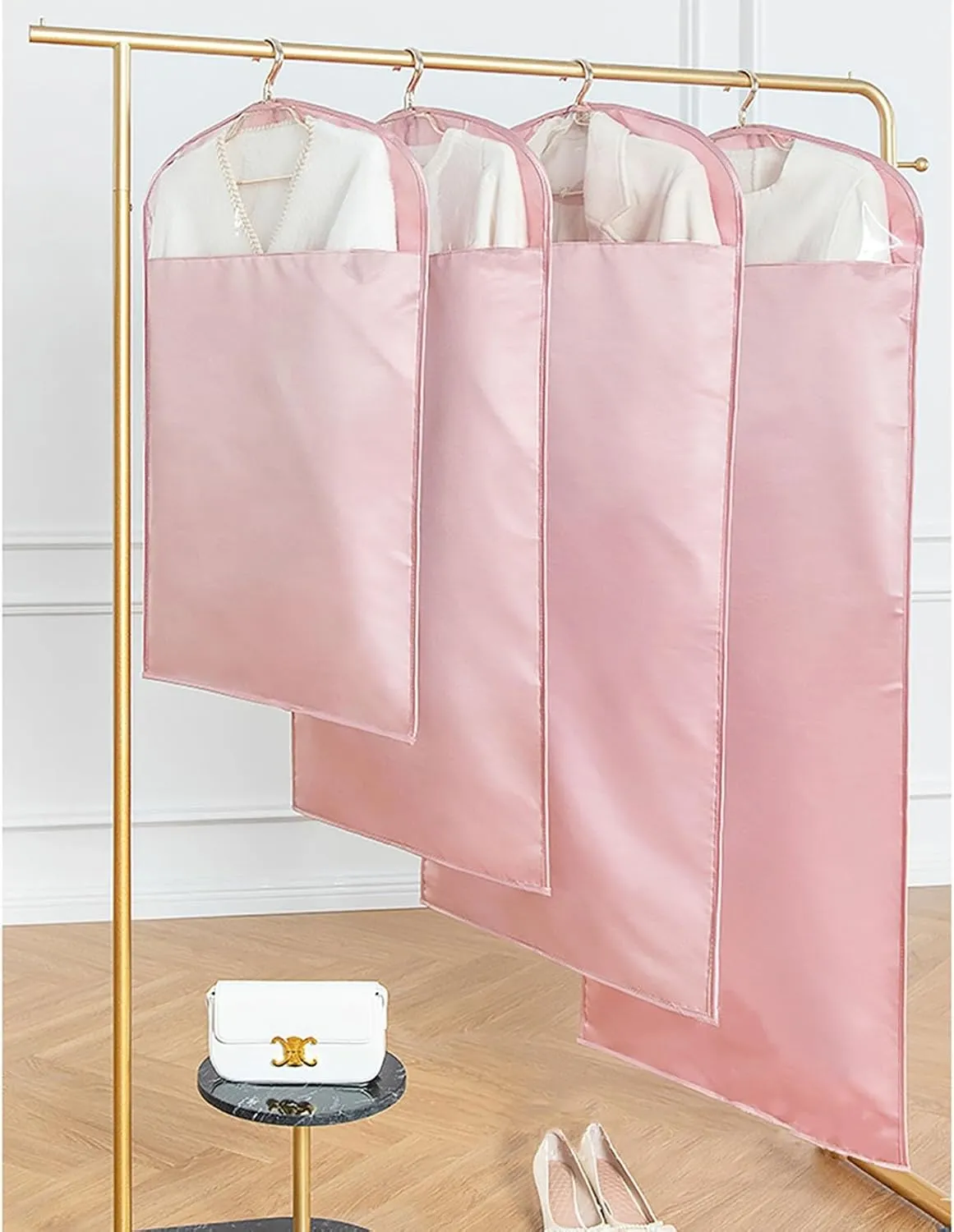 Garment Bags, Clothes Covers with Clear Windows,The Hanging Clothes Bags Storage for Long Dresses, Suit Satin-Like Cotton Fabric(Pink,23x31in/58x80cm)