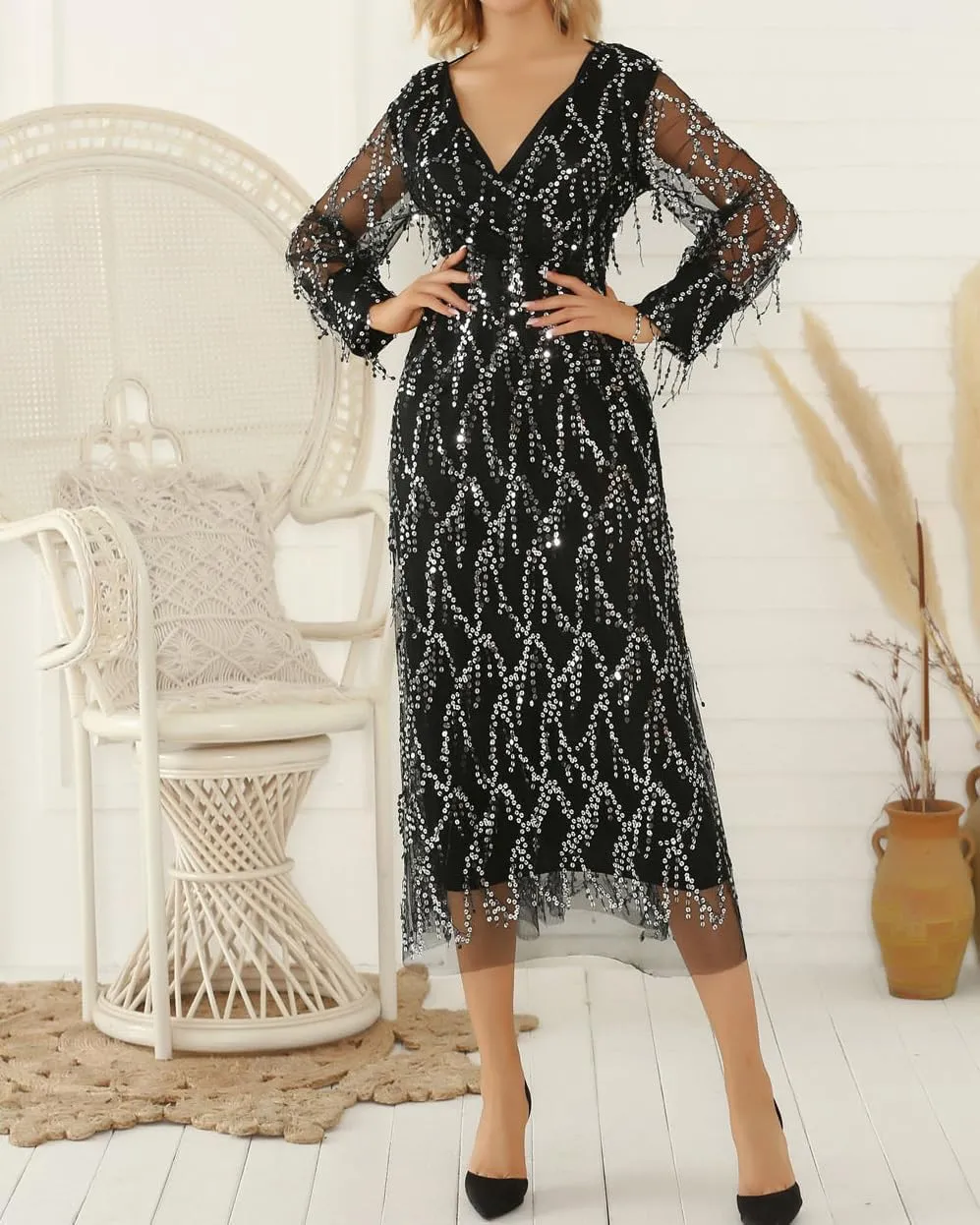 Geleglaer Wedding Guest Dresses for Women Tassel Sequin Chiffon V Neck A-Line Dress Formal Evening Cocktail Party Outfits