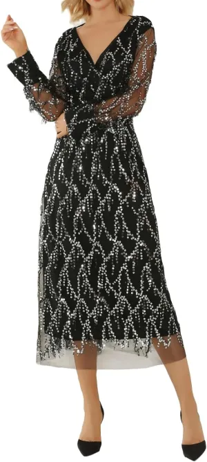 Geleglaer Wedding Guest Dresses for Women Tassel Sequin Chiffon V Neck A-Line Dress Formal Evening Cocktail Party Outfits