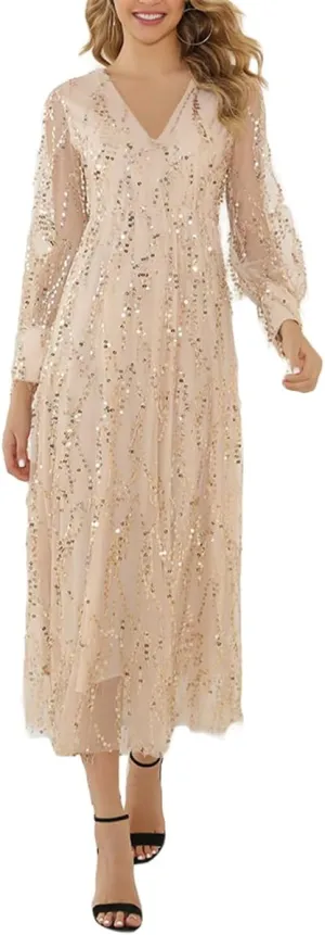 Geleglaer Wedding Guest Dresses for Women Tassel Sequin Chiffon V Neck A-Line Dress Formal Evening Cocktail Party Outfits