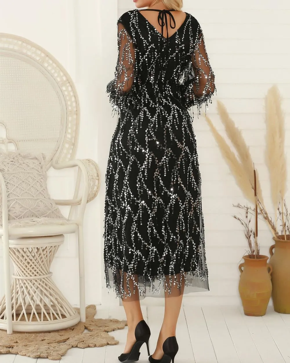 Geleglaer Wedding Guest Dresses for Women Tassel Sequin Chiffon V Neck A-Line Dress Formal Evening Cocktail Party Outfits