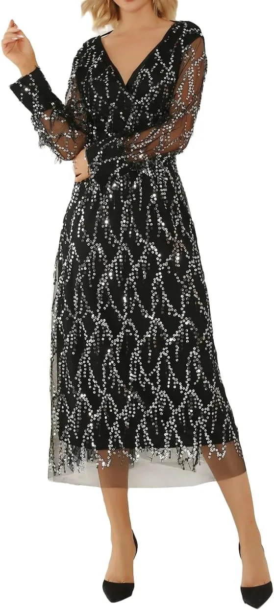 Geleglaer Wedding Guest Dresses for Women Tassel Sequin Chiffon V Neck A-Line Dress Formal Evening Cocktail Party Outfits