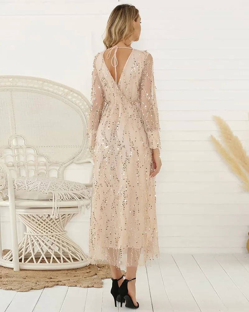 Geleglaer Wedding Guest Dresses for Women Tassel Sequin Chiffon V Neck A-Line Dress Formal Evening Cocktail Party Outfits