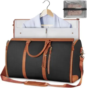 Generic 2 in 1 Carry On Garment Bag Travel Bags, Foldable Clothing Bag, Large PU Leather Duffle Bag for Women, Hanging Suitcase Suit Garment Duffle Bag for Travel (Black)