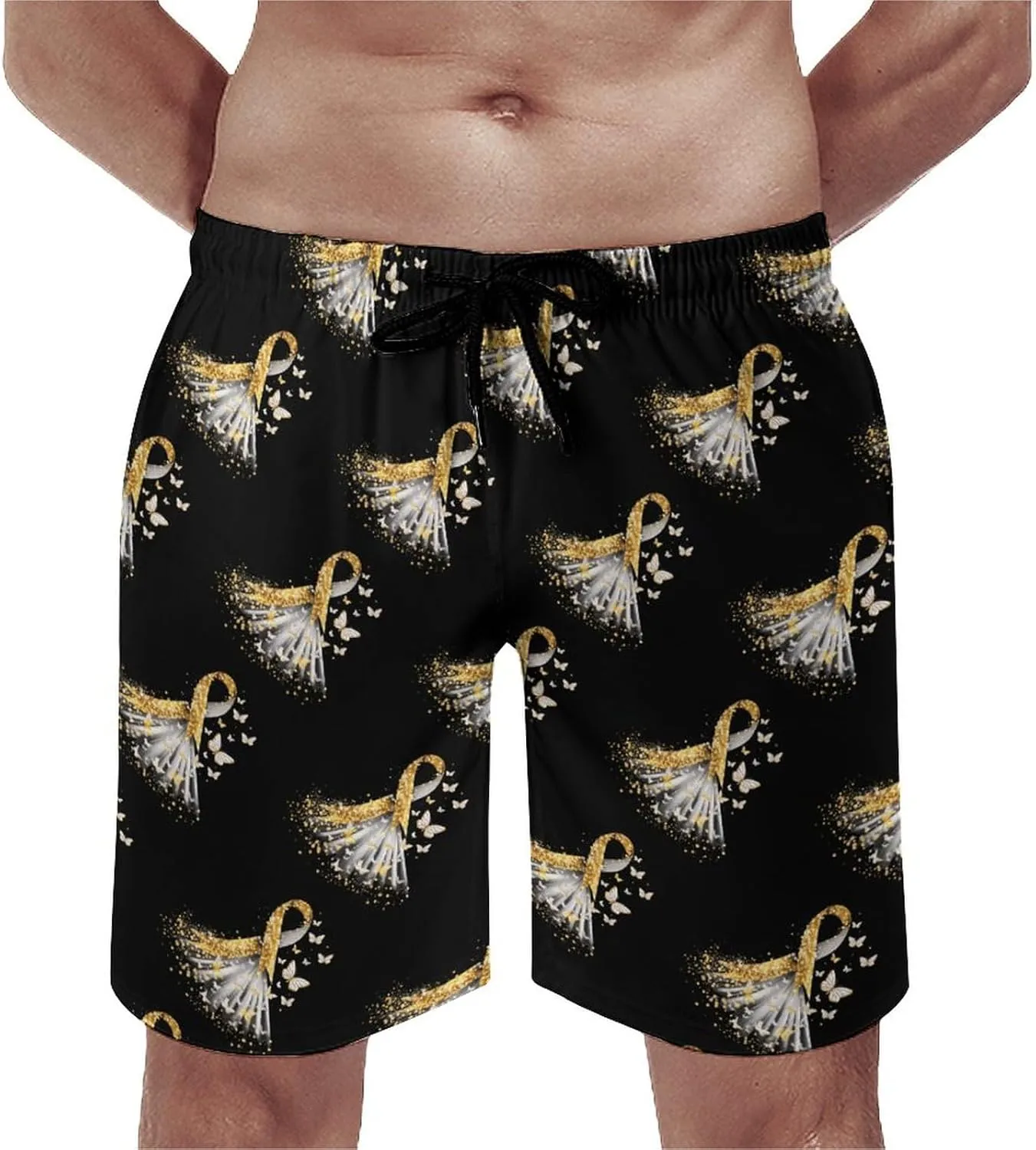 Golden Cancer Awareness Ribbon Men's Swim Trunks Quick Dry Board Shorts Breathable Summer Beach Shorts Bathing Suits