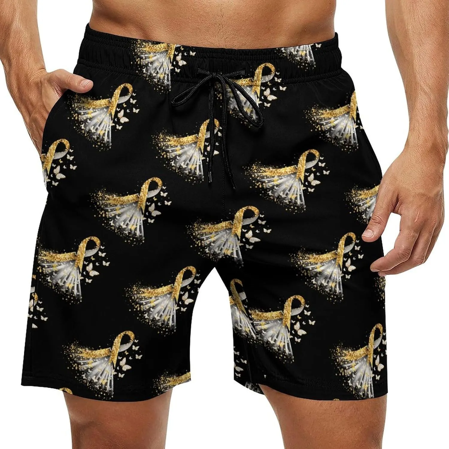 Golden Cancer Awareness Ribbon Men's Swim Trunks Quick Dry Board Shorts Breathable Summer Beach Shorts Bathing Suits