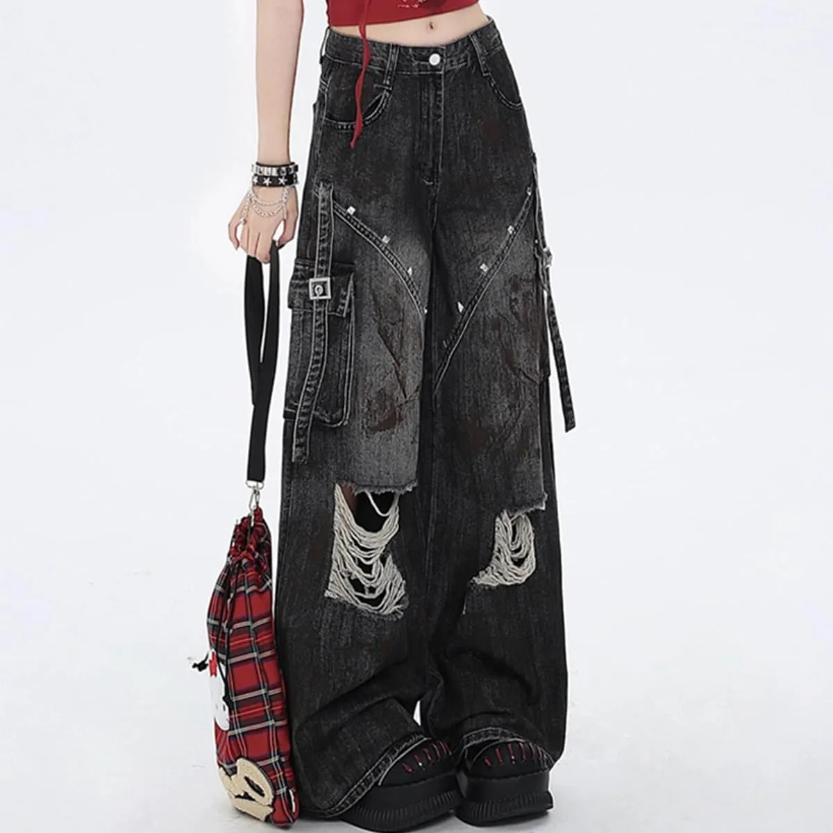 Gothic Women's Jeans Fashion Y2K Vintage Straight High Waist Baggy Wide Leg Ripped Denim Pants Black