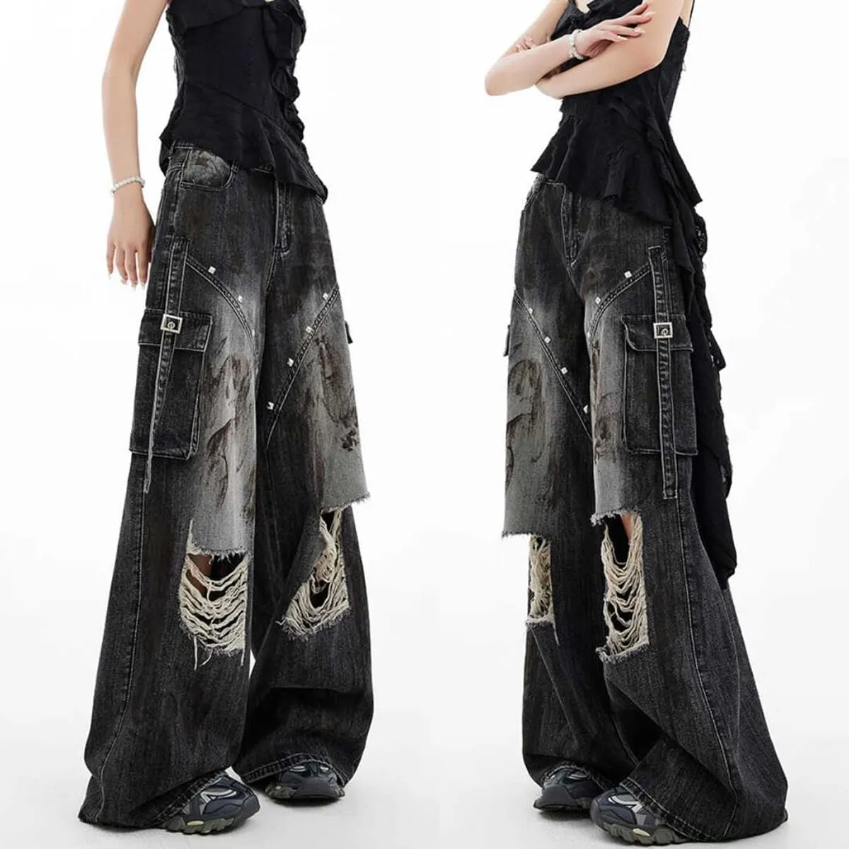 Gothic Women's Jeans Fashion Y2K Vintage Straight High Waist Baggy Wide Leg Ripped Denim Pants Black