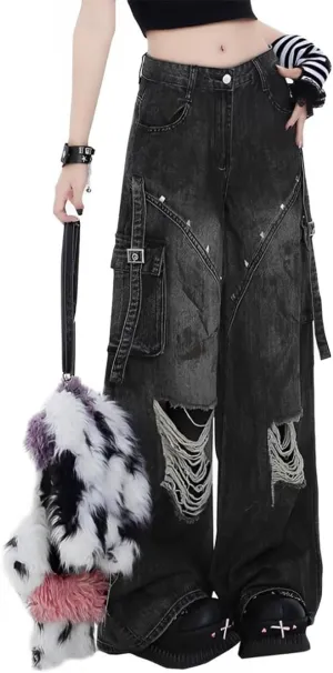 Gothic Women's Jeans Fashion Y2K Vintage Straight High Waist Baggy Wide Leg Ripped Denim Pants Black