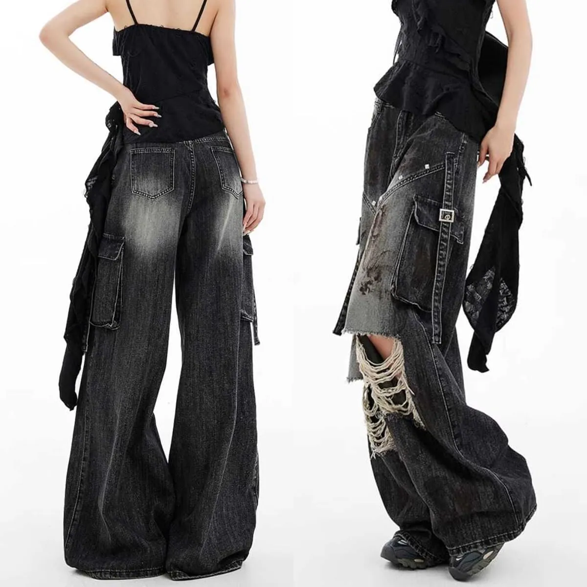 Gothic Women's Jeans Fashion Y2K Vintage Straight High Waist Baggy Wide Leg Ripped Denim Pants Black