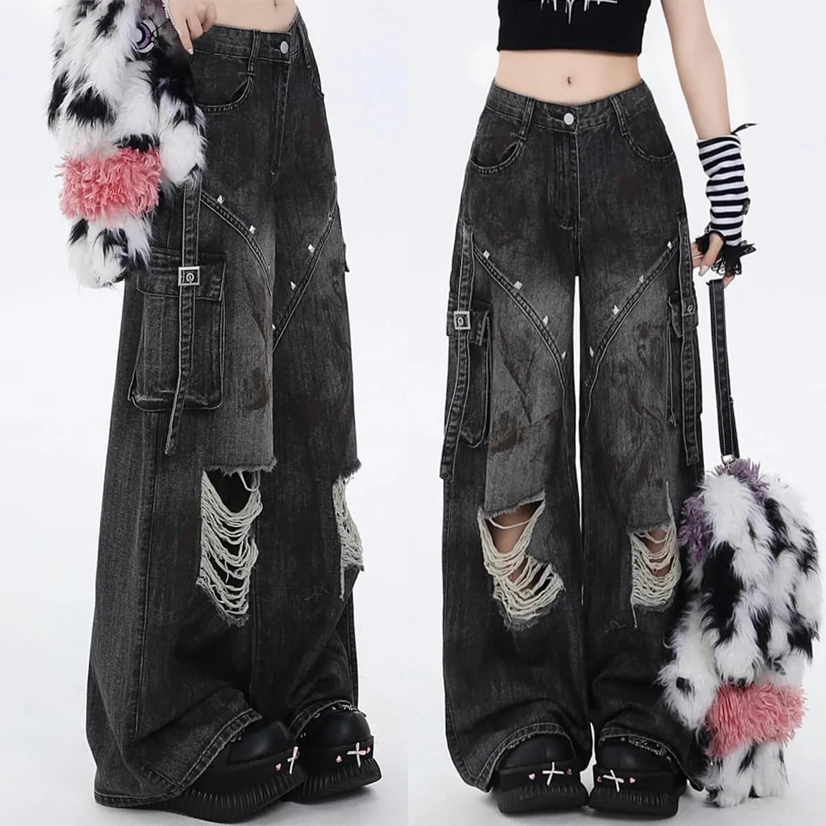 Gothic Women's Jeans Fashion Y2K Vintage Straight High Waist Baggy Wide Leg Ripped Denim Pants Black