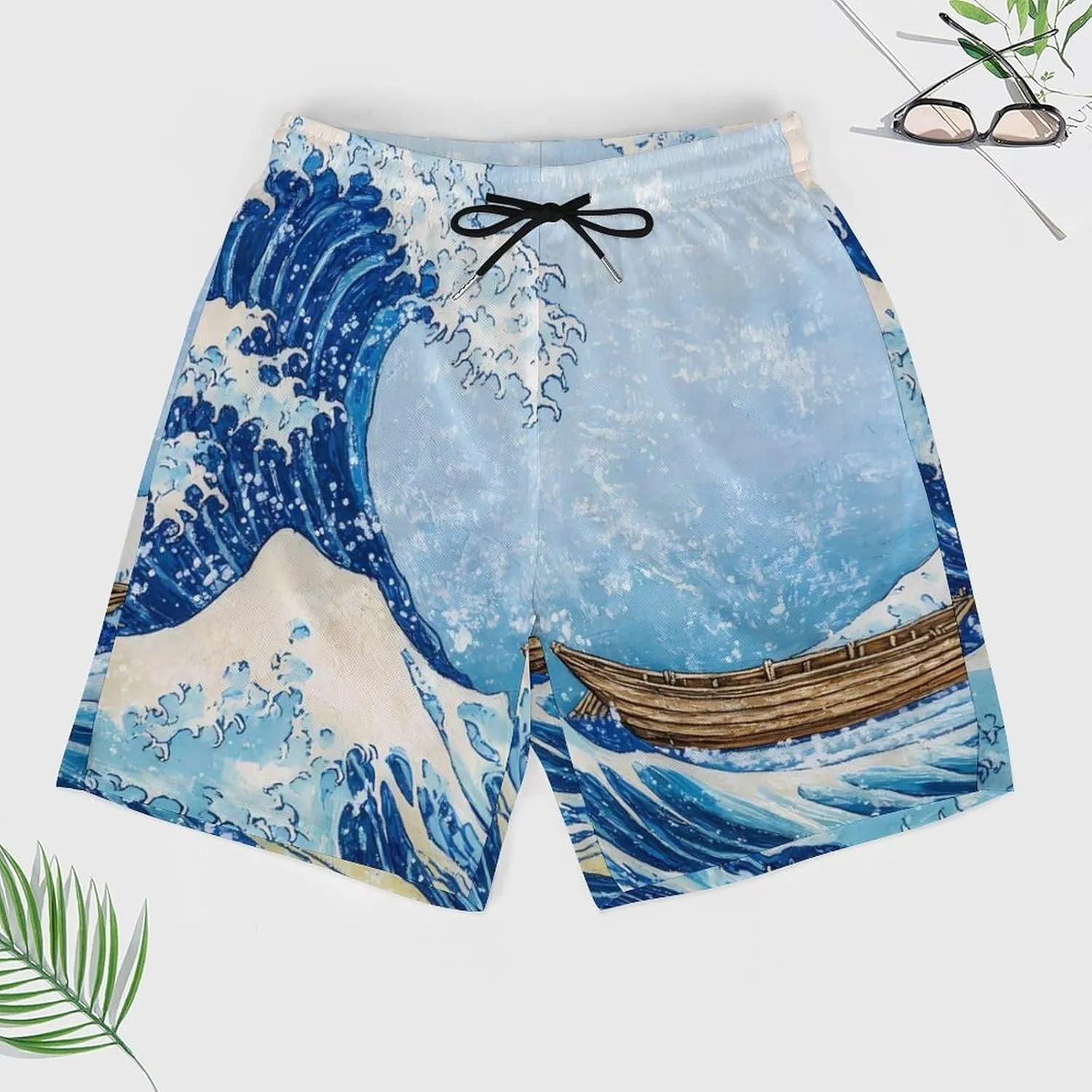 Great Wave Casual Beach Shorts for Men Elastic Waist Drawstring Swim Shorts With Compression Liner