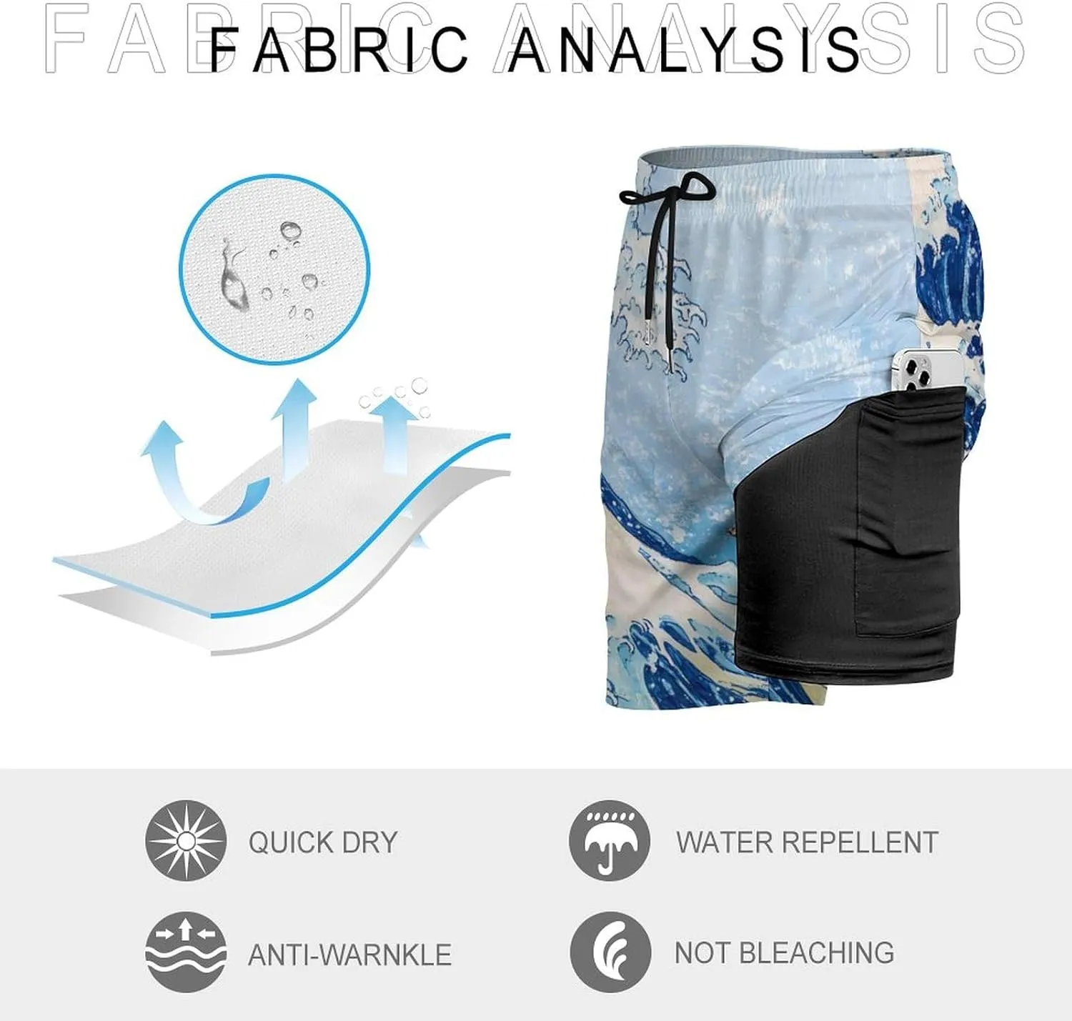 Great Wave Casual Beach Shorts for Men Elastic Waist Drawstring Swim Shorts With Compression Liner