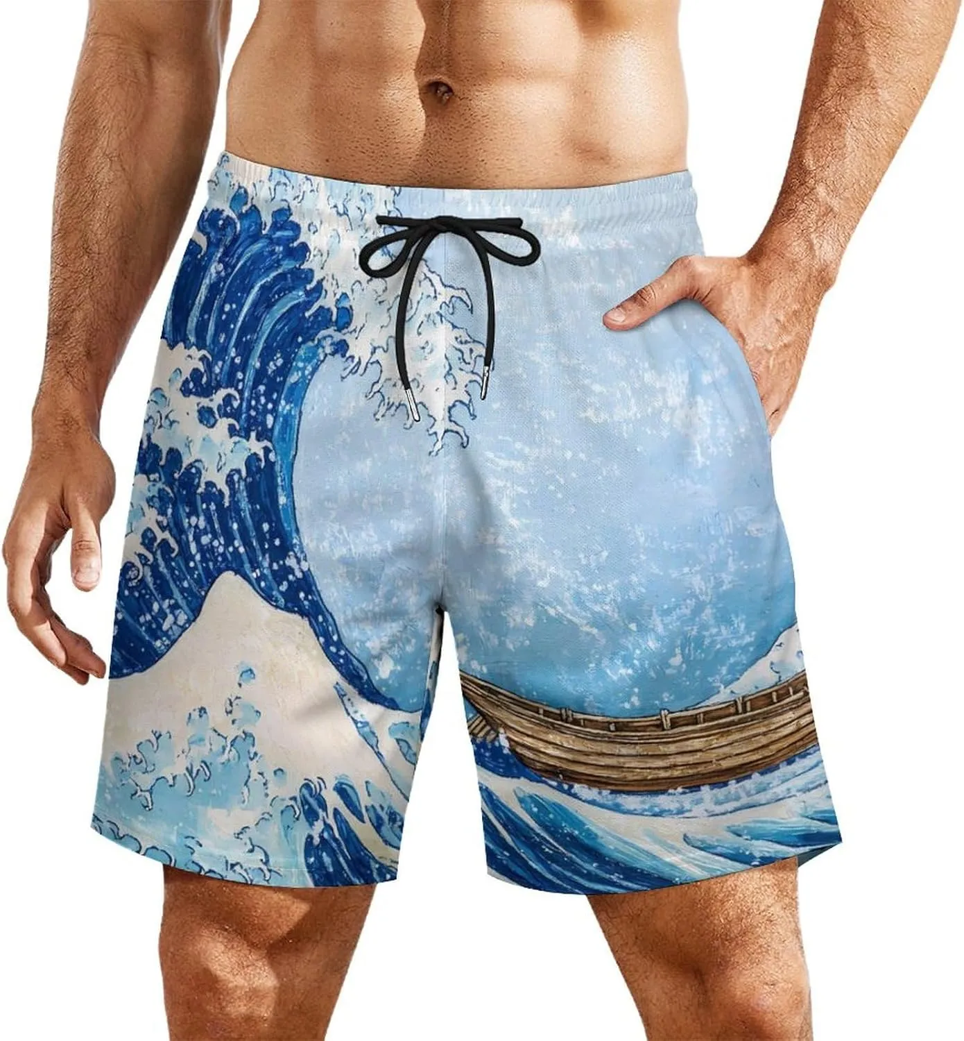 Great Wave Casual Beach Shorts for Men Elastic Waist Drawstring Swim Shorts With Compression Liner