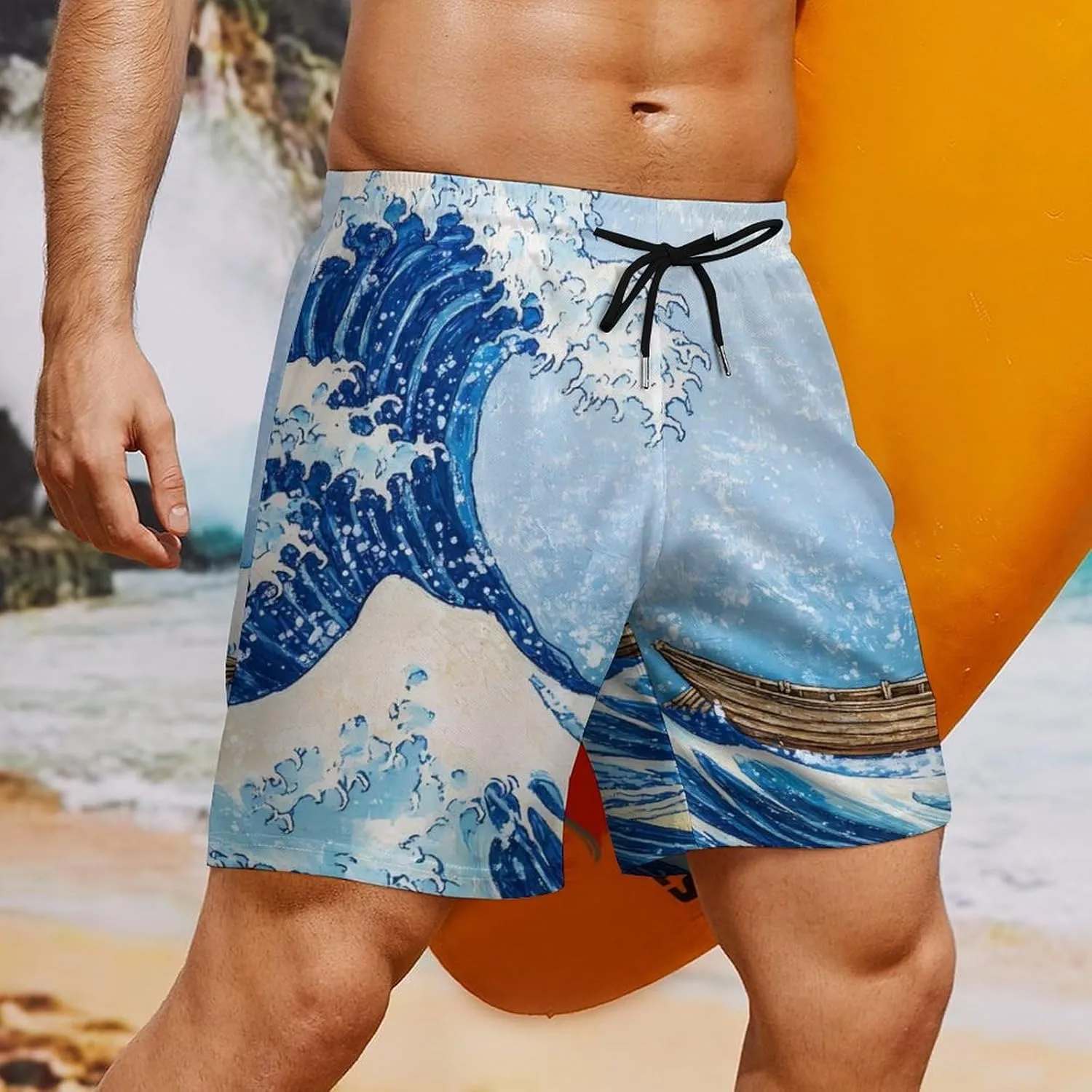 Great Wave Casual Beach Shorts for Men Elastic Waist Drawstring Swim Shorts With Compression Liner