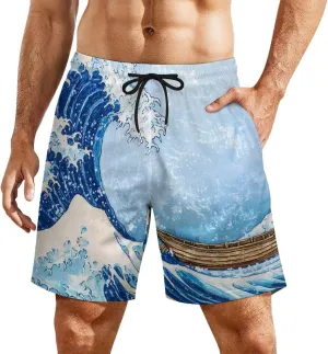 Great Wave Casual Beach Shorts for Men Elastic Waist Drawstring Swim Shorts With Compression Liner