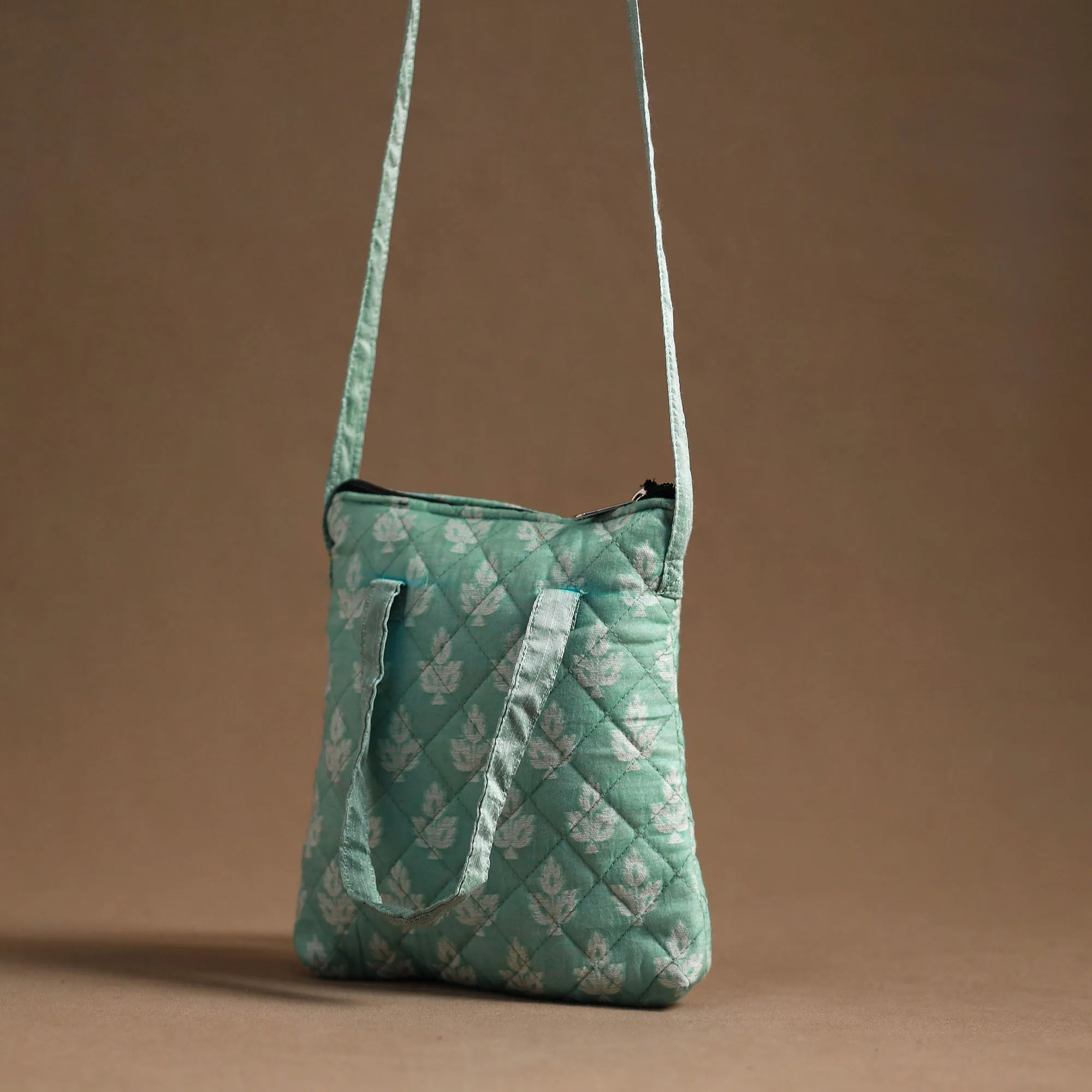 Green - Handcrafted Quilted Silk Sling Bag 15