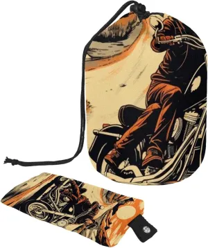 Hand-painted Sunset Motorcyclist Travel Cosmetic Bags Makeup Bag for Women, Foldable Drawstring Travel Cosmetic Bags, Portable Toiletry Bucket Bag