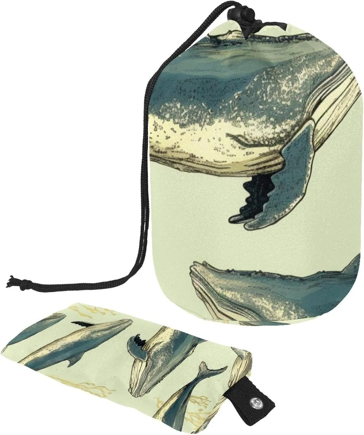 Hand-painted Whales Seaweed Travel Cosmetic Bags Makeup Bag for Women, Foldable Drawstring Travel Cosmetic Bags, Portable Toiletry Bucket Bag