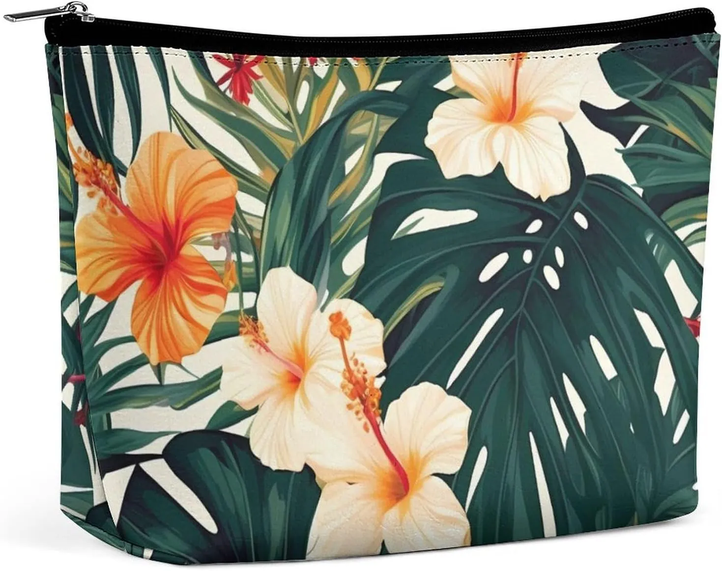 Hawaiian Flower Palm Leaves Cosmetic Bags for Women Men Waterproof Travel Toiletry Bag Large Capacity Makeup Bags PU Leather Cute Makeup Pouch Protable Travel Bag for Toiletries