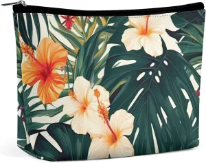 Hawaiian Flower Palm Leaves Cosmetic Bags for Women Men Waterproof Travel Toiletry Bag Large Capacity Makeup Bags PU Leather Cute Makeup Pouch Protable Travel Bag for Toiletries