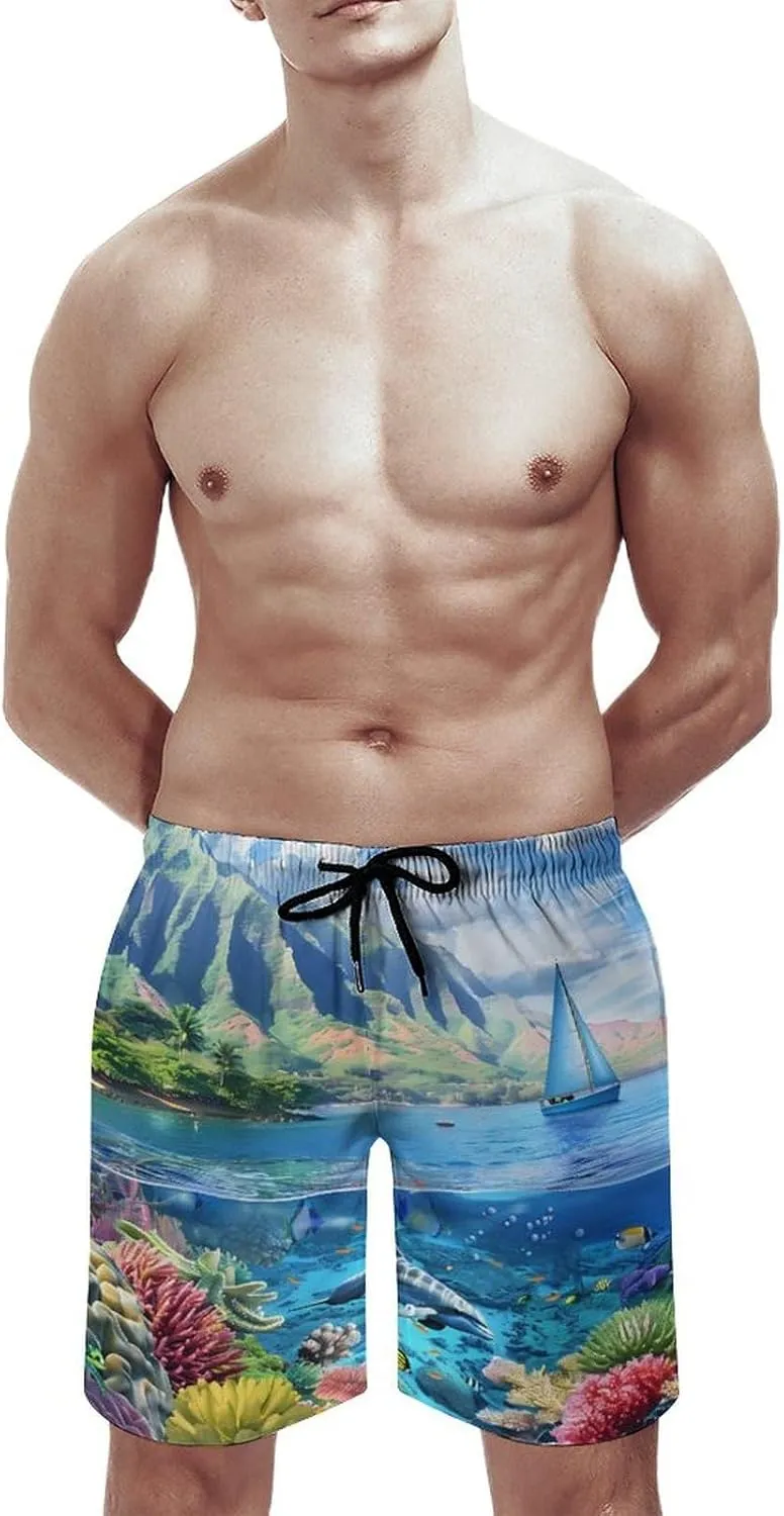 Hawaiian Life Sea Fish Men's Swim Trunks Quick Dry Board Shorts Breathable Summer Beach Shorts Bathing Suits