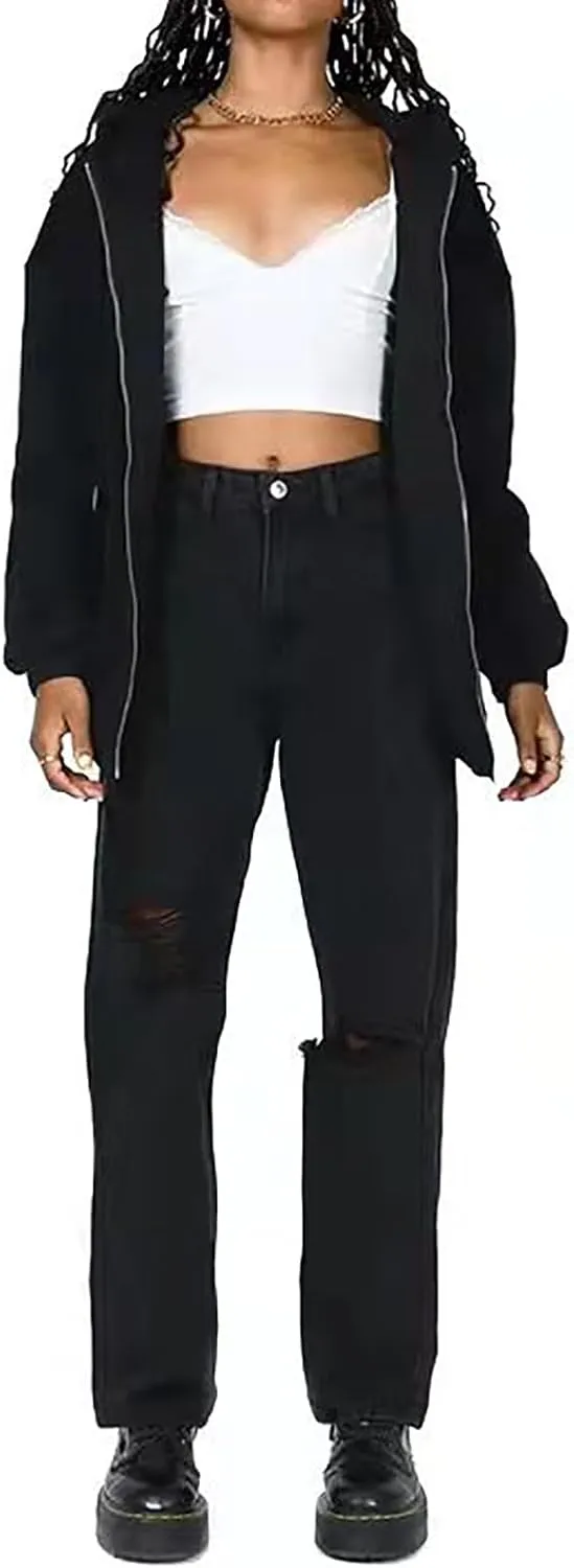 HBER Women's Oversized Zip Up Hoodies Solid Sweatshirts Y2K Clothes Teen Girl Fall Casual Long Sleeve Jackets with Pockets