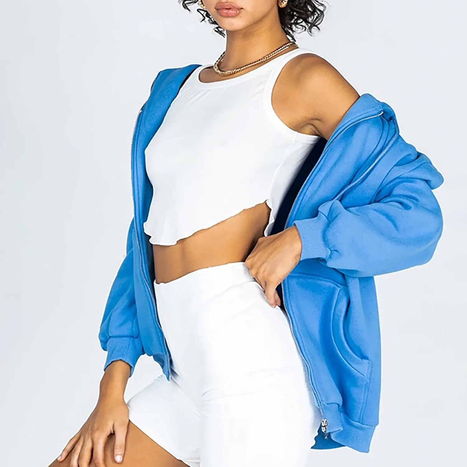 HBER Women's Oversized Zip Up Hoodies Solid Sweatshirts Y2K Clothes Teen Girl Fall Casual Long Sleeve Jackets with Pockets