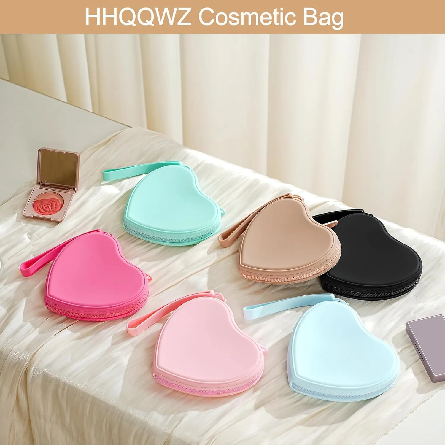 Heart Shaped Portable Silicone Makeup Bag for Women Girls, Small Travel Lovely Waterproof Toiletry Cosmetic Bag, Zipper Closure Organizer Heart Makeup Case with Handle (Green)