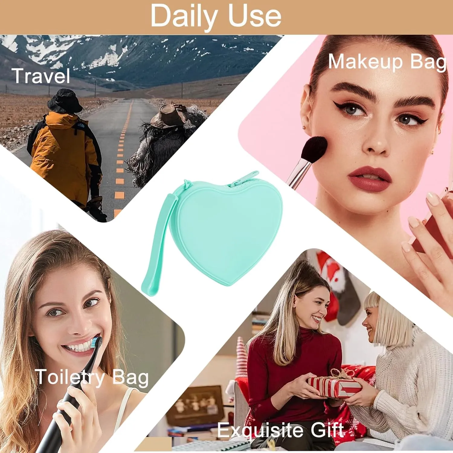 Heart Shaped Portable Silicone Makeup Bag for Women Girls, Small Travel Lovely Waterproof Toiletry Cosmetic Bag, Zipper Closure Organizer Heart Makeup Case with Handle (Green)