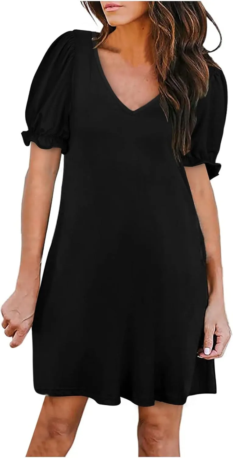 HGps8w Women's 2025 Casual Summer Dresses Cute Ruffle Hem V Neck Short Sleeve Solid Color A-Line Beach Sundress with Pockets