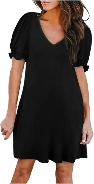 HGps8w Women's 2025 Casual Summer Dresses Cute Ruffle Hem V Neck Short Sleeve Solid Color A-Line Beach Sundress with Pockets
