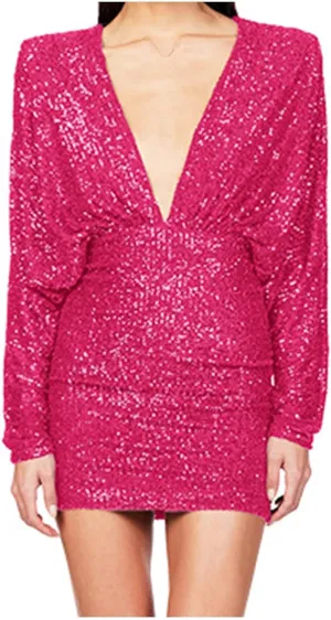 HGps8w Women's Sexy V Neck Batwing Sequin Mini Party Dress Sparkly Glitter Elegant Long Sleeve Bodycon Formal Dresses