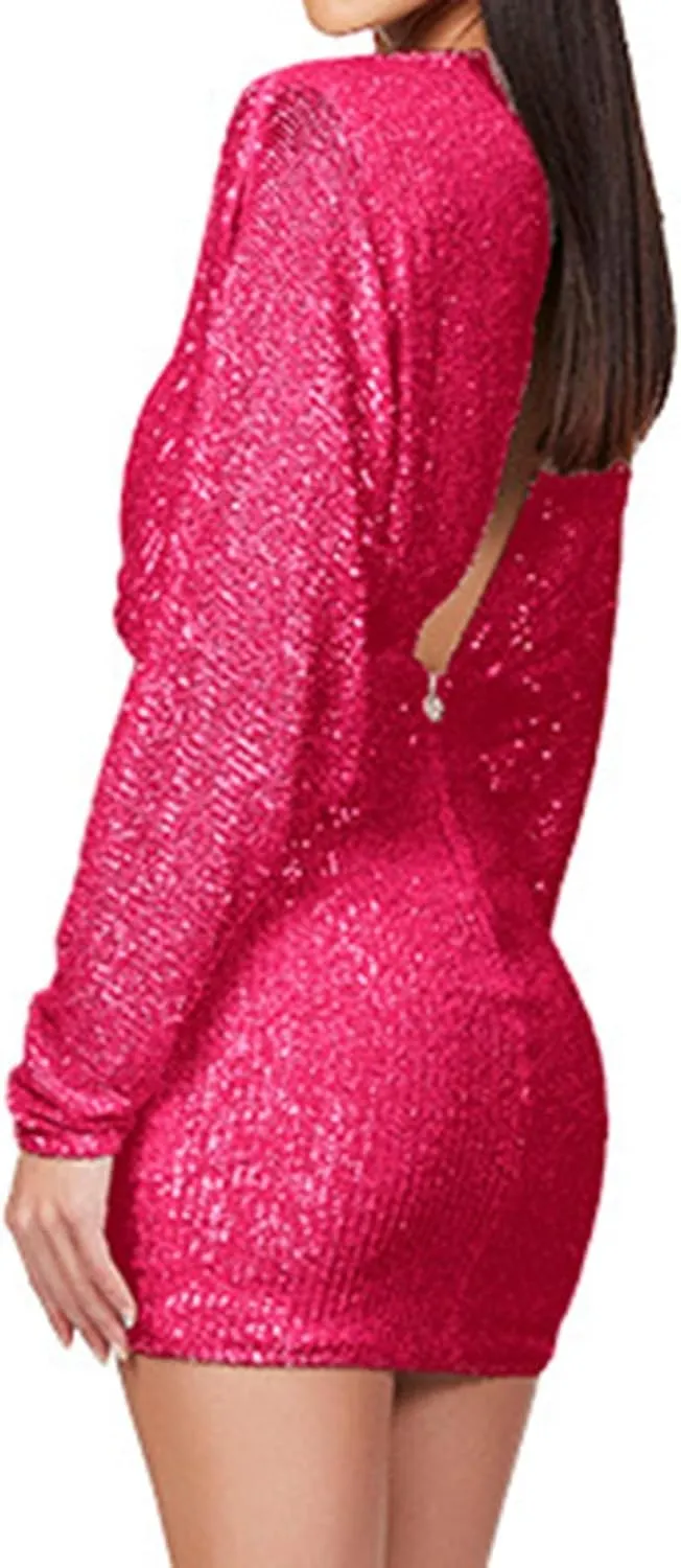 HGps8w Women's Sexy V Neck Batwing Sequin Mini Party Dress Sparkly Glitter Elegant Long Sleeve Bodycon Formal Dresses