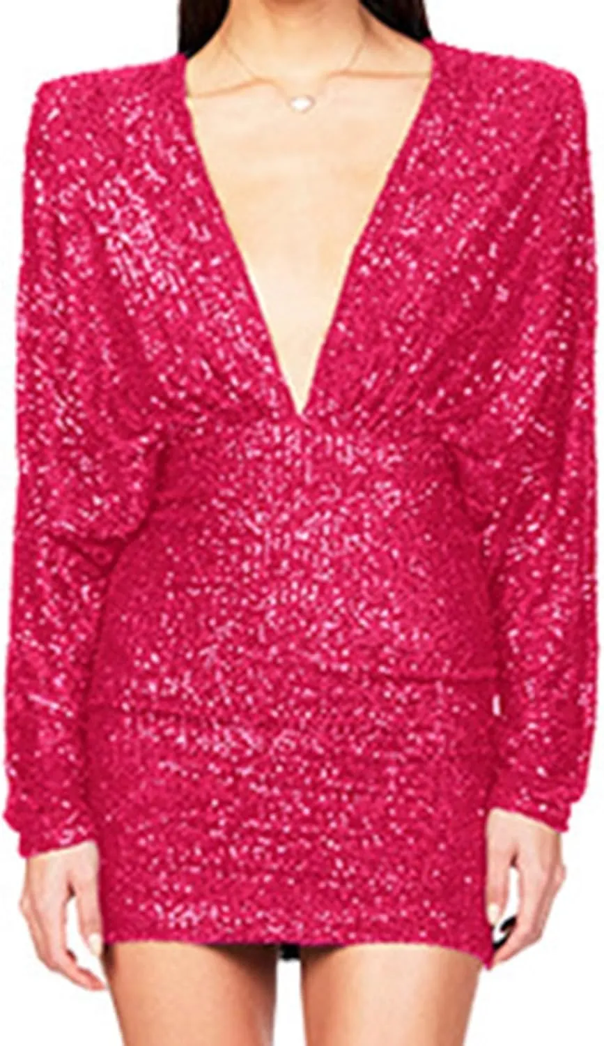 HGps8w Women's Sexy V Neck Batwing Sequin Mini Party Dress Sparkly Glitter Elegant Long Sleeve Bodycon Formal Dresses