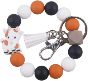 Highland Cow Wristlet Keychain Cattle Elk Silicone Beaded Tassel Keyring Holder Wrist Lanyard for Purse Backpack