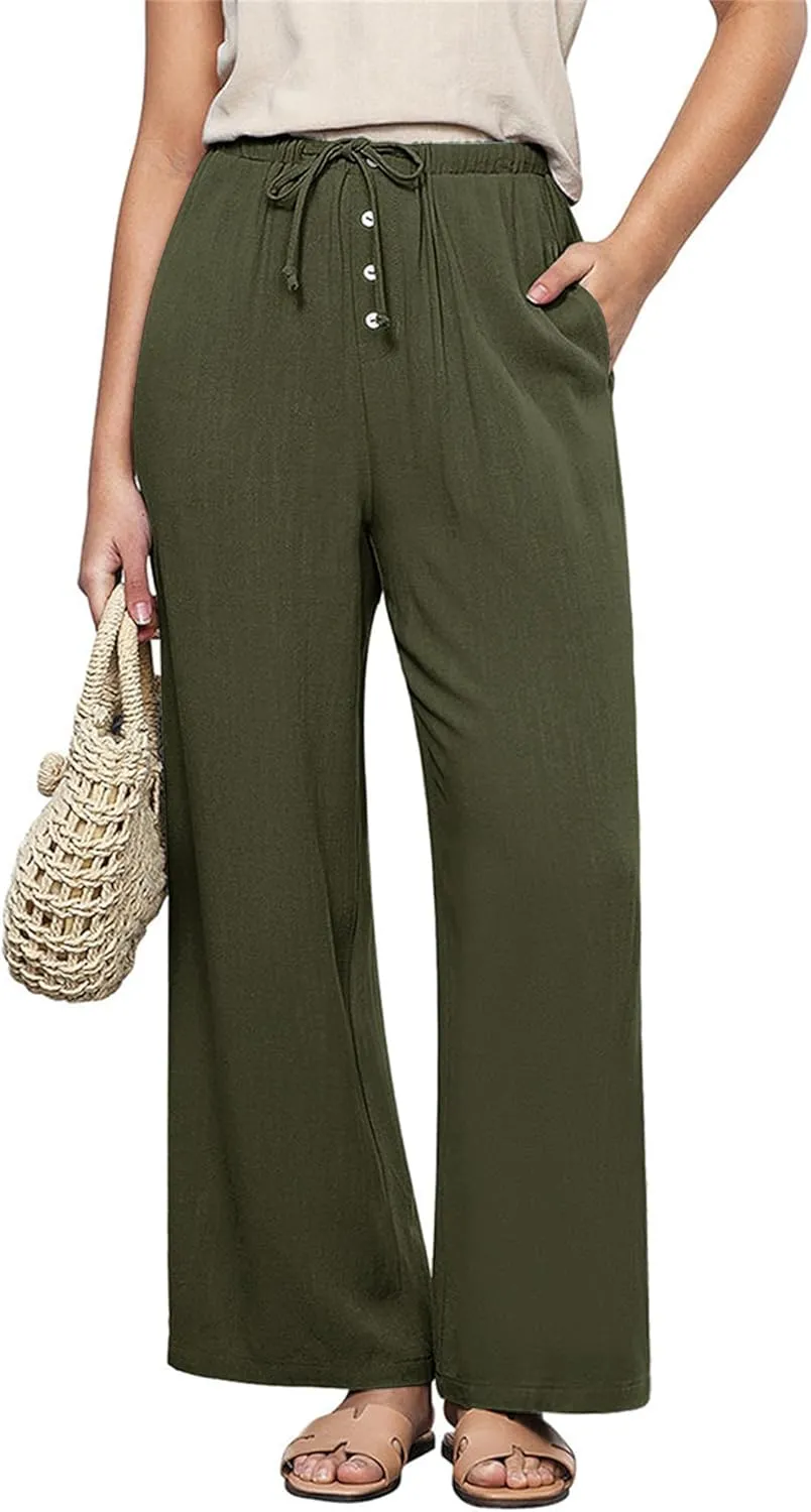 Hixiaohe Womens Linen Pants Summer Flowy Palazzo Trousers Casual Loose Wide Leg Pants High Waist Drawstring Beach Outfits