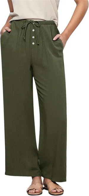 Hixiaohe Womens Linen Pants Summer Flowy Palazzo Trousers Casual Loose Wide Leg Pants High Waist Drawstring Beach Outfits