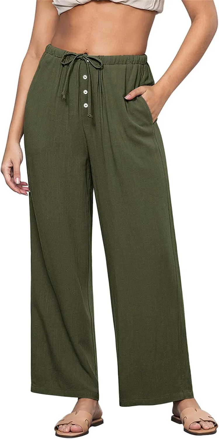 Hixiaohe Womens Linen Pants Summer Flowy Palazzo Trousers Casual Loose Wide Leg Pants High Waist Drawstring Beach Outfits