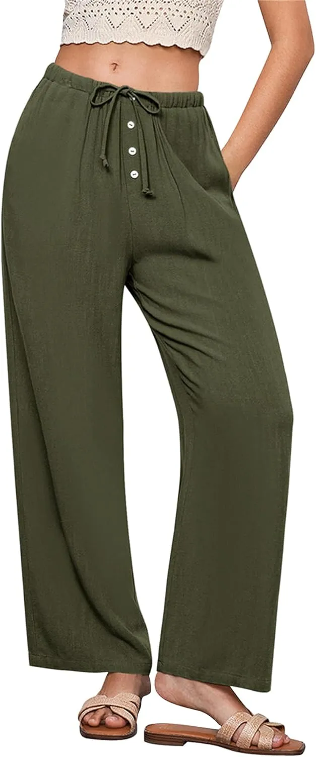 Hixiaohe Womens Linen Pants Summer Flowy Palazzo Trousers Casual Loose Wide Leg Pants High Waist Drawstring Beach Outfits