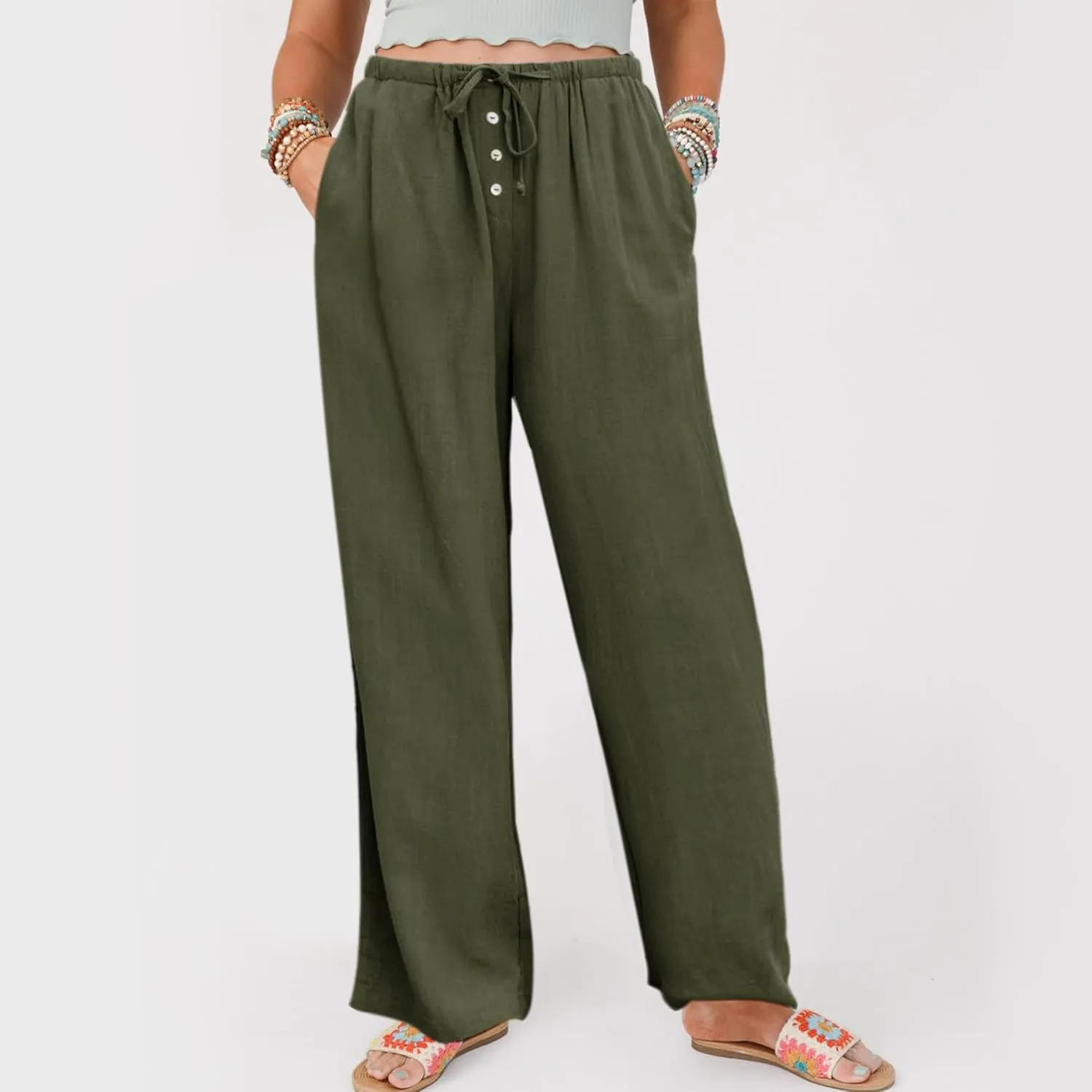 Hixiaohe Womens Linen Pants Summer Flowy Palazzo Trousers Casual Loose Wide Leg Pants High Waist Drawstring Beach Outfits