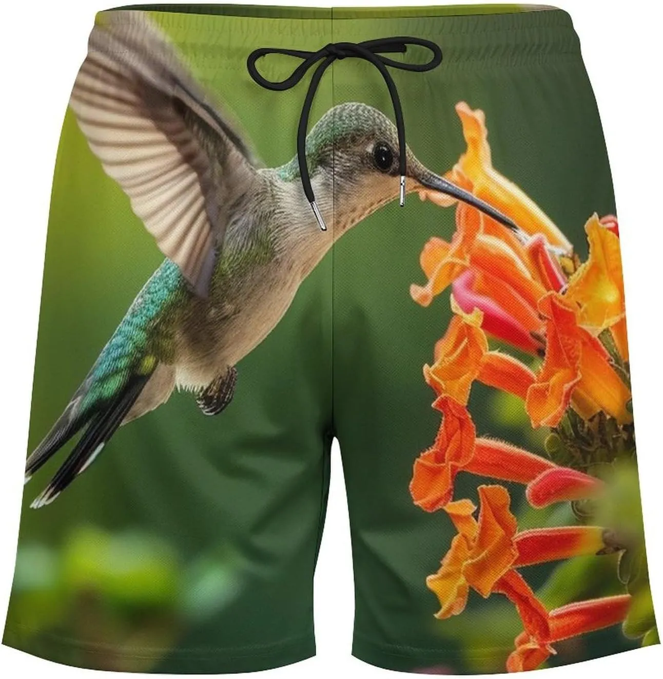 Hummingbirds Drinking Nect Casual Beach Shorts for Men Elastic Waist Drawstring Swim Shorts With Compression Liner