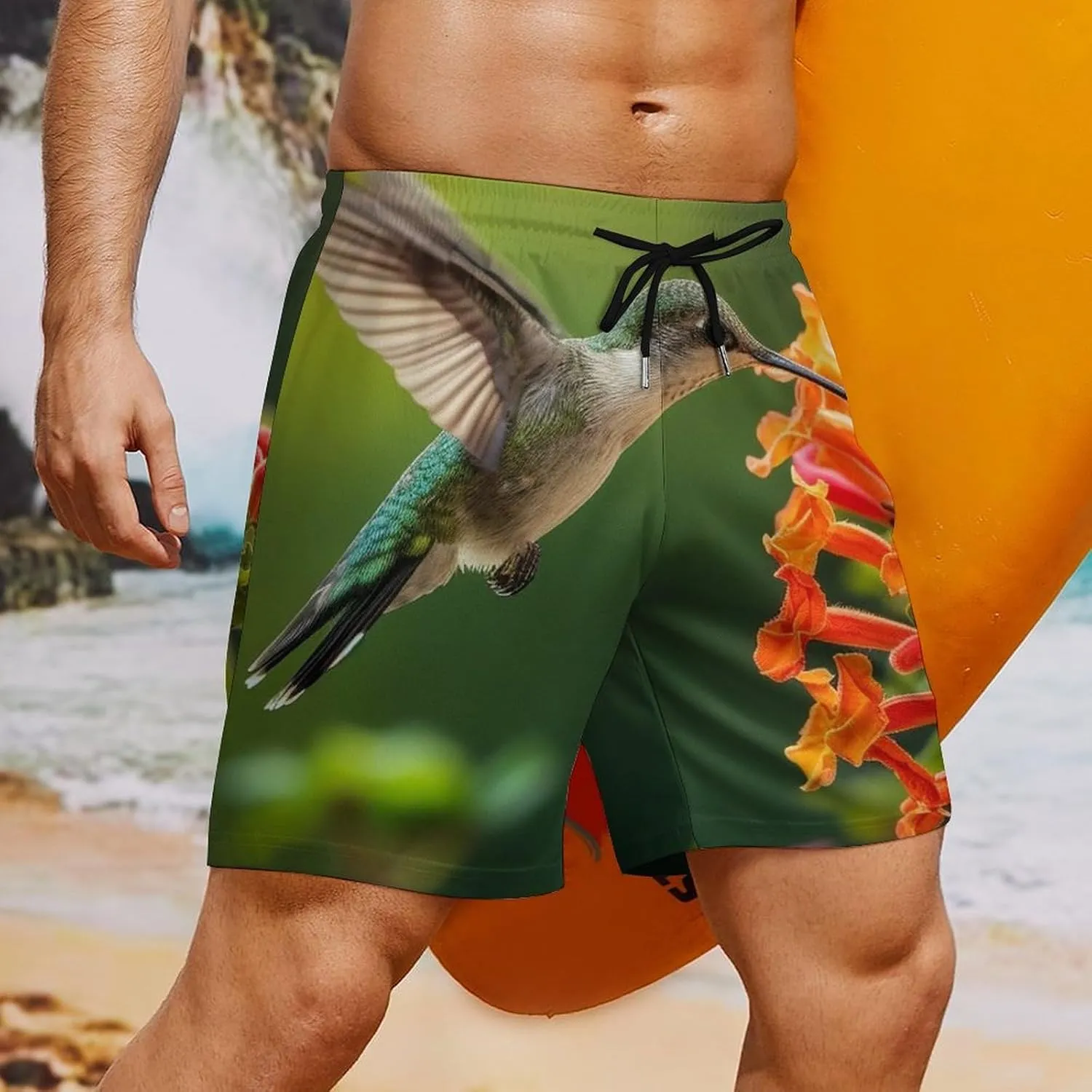 Hummingbirds Drinking Nect Casual Beach Shorts for Men Elastic Waist Drawstring Swim Shorts With Compression Liner