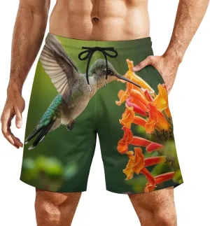 Hummingbirds Drinking Nect Casual Beach Shorts for Men Elastic Waist Drawstring Swim Shorts With Compression Liner