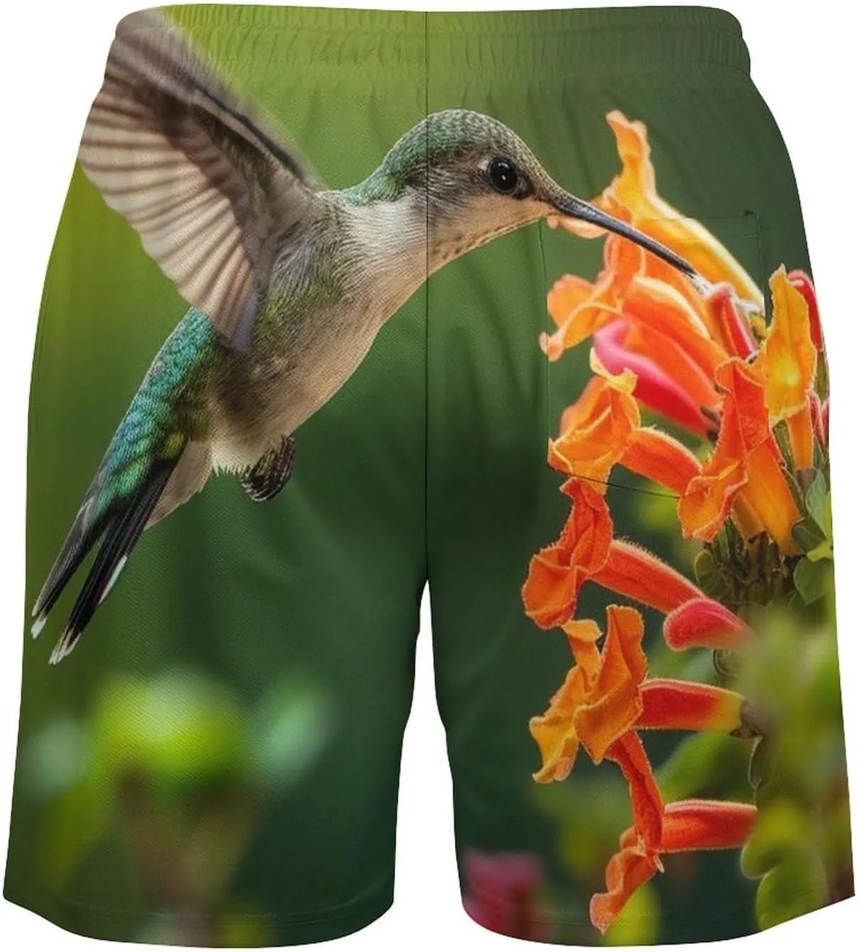 Hummingbirds Drinking Nect Casual Beach Shorts for Men Elastic Waist Drawstring Swim Shorts With Compression Liner