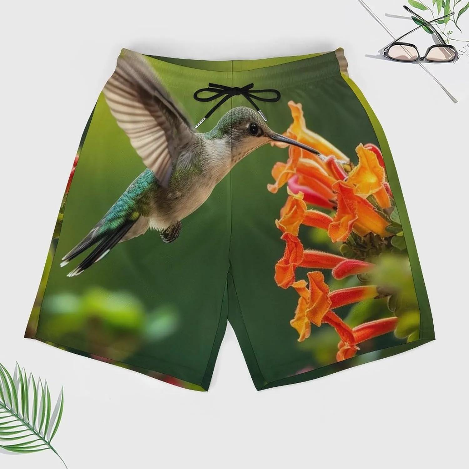 Hummingbirds Drinking Nect Casual Beach Shorts for Men Elastic Waist Drawstring Swim Shorts With Compression Liner