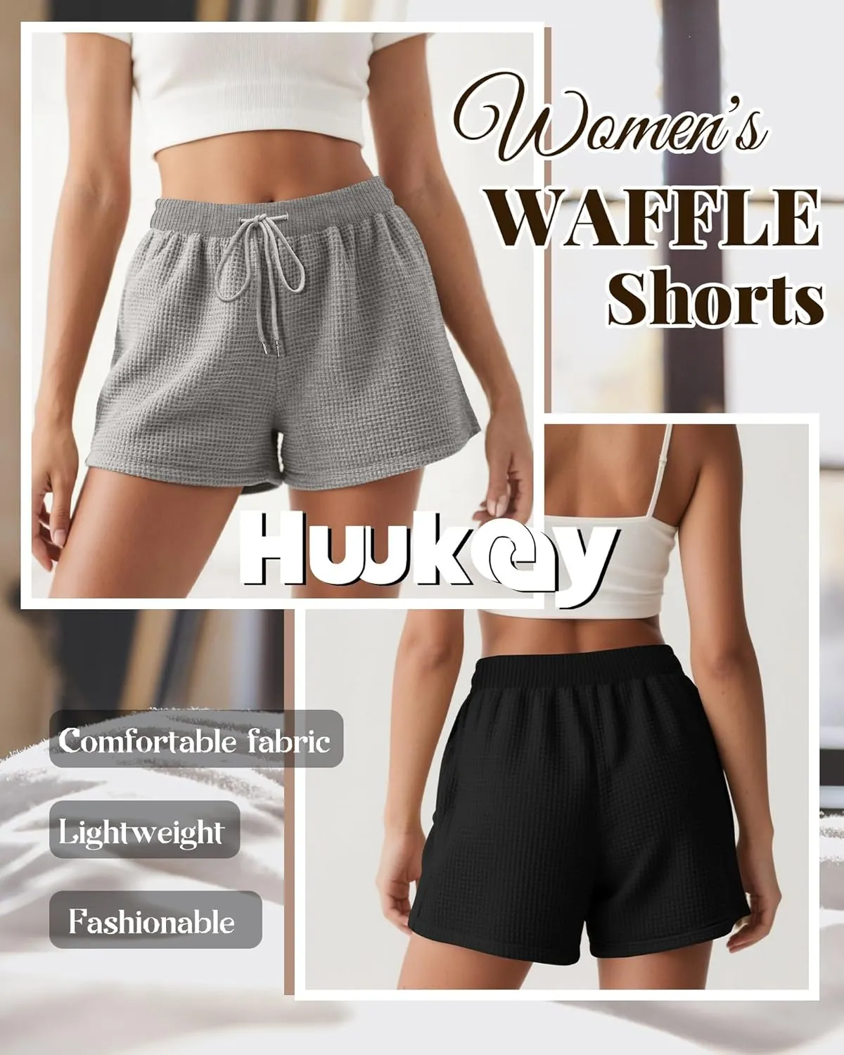 Huukeay 3 Pack Women's Waffle Knit Shorts Drawstring Casual Lounge Pajama Bottoms Comfy Summer Shorts with Pockets