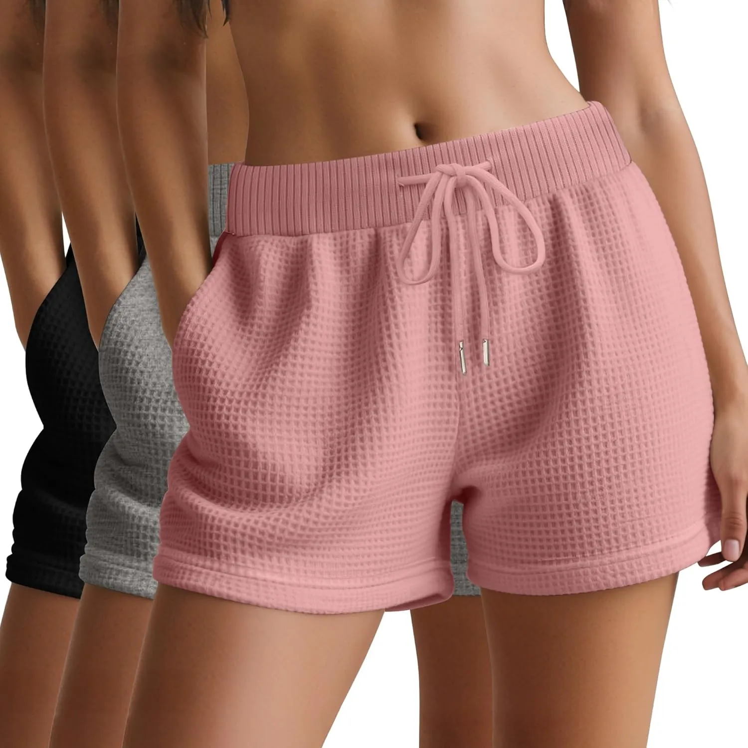 Huukeay 3 Pack Women's Waffle Knit Shorts Drawstring Casual Lounge Pajama Bottoms Comfy Summer Shorts with Pockets