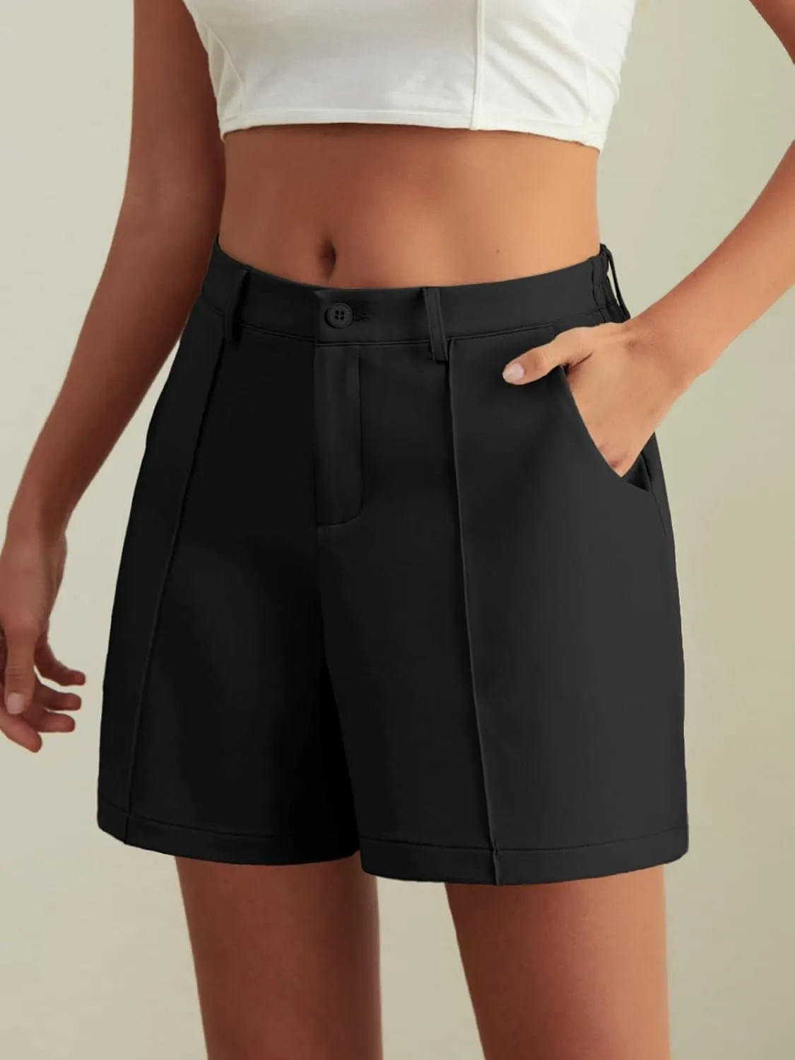 HWOKEFEIYU Women's Shorts Dressy Casual High Waisted Elastic Pleated Trendy Summer Shorts with Pockets